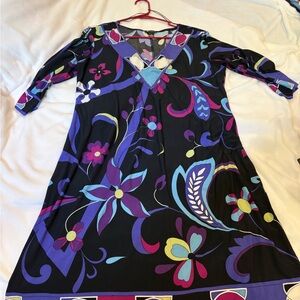 EUC size 16 New Directions Black Dress with Purple and Blue Floral Design